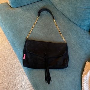 Black suede, medium size shoulder bag, Pauline Pin, Paris